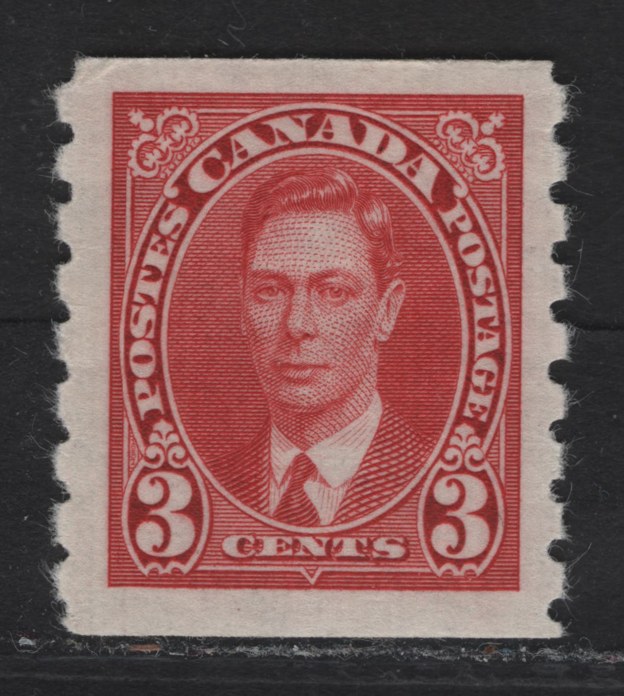 Lot 306 Canada #240 3c Carmine King George VI, 1937 KGVI Coil Issue, A VFNH Coil Single, Paper/Gum CBN-SS, Rotary Bar Peforation