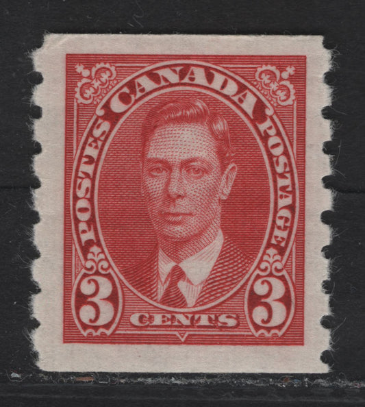 Lot 306 Canada #240 3c Carmine King George VI, 1937 KGVI Coil Issue, A VFNH Coil Single, Paper/Gum CBN-SS, Rotary Bar Peforation