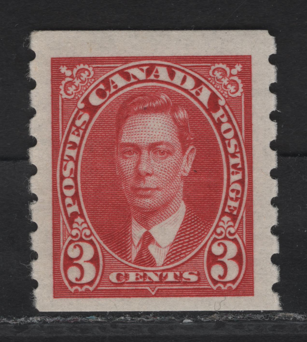 Lot 307 Canada #240 3c Carmine King George VI, 1937 KGVI Coil Issue, A VFNH Coil Single, Paper/Gum CBN-RR, Rotary Wheel Peforation