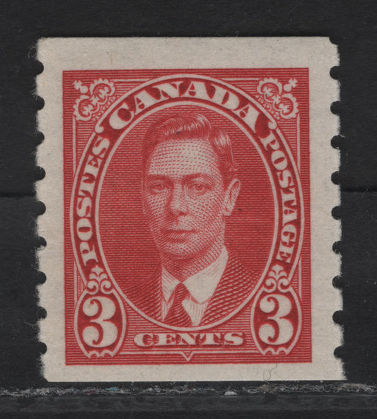 Lot 307 Canada #240 3c Carmine King George VI, 1937 KGVI Coil Issue, A VFNH Coil Single, Paper/Gum CBN-RR, Rotary Wheel Peforation