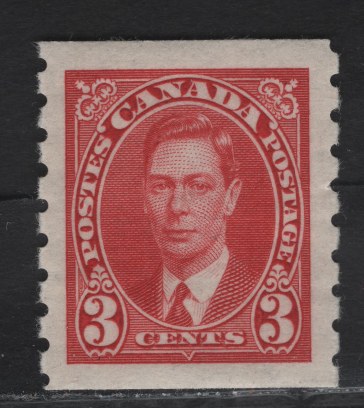 Lot 308 Canada #240 3c Carmine King George VI, 1937 KGVI Coil Issue, A VFOG Coil Single, Paper/Gum CBN-RR, Rotary Wheel Peforation