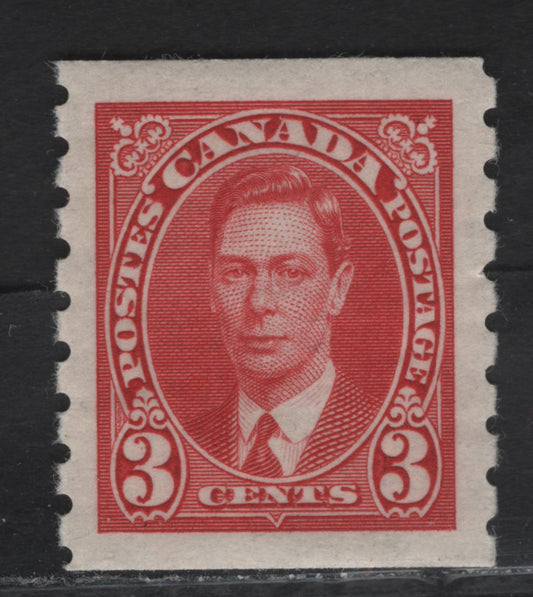 Lot 308 Canada #240 3c Carmine King George VI, 1937 KGVI Coil Issue, A VFOG Coil Single, Paper/Gum CBN-RR, Rotary Wheel Peforation