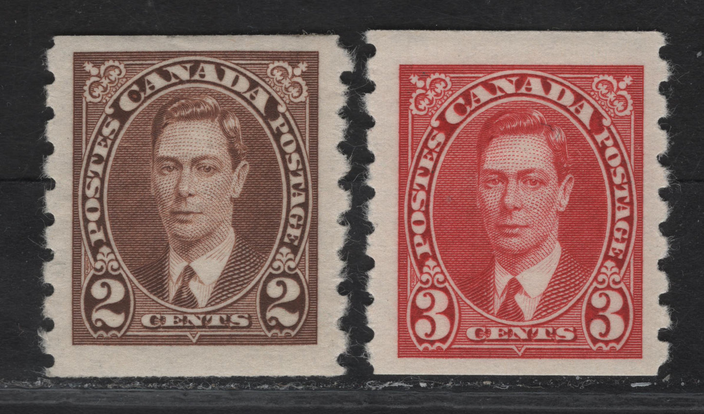 Lot 310 Canada #239-240 2c - 3c Brown - Carmine King George VI, 1937 KGVI Coil Issue, 2 FOG Coil Singles, Paper/Gum CBN-TT, Rotary Bar Peforation