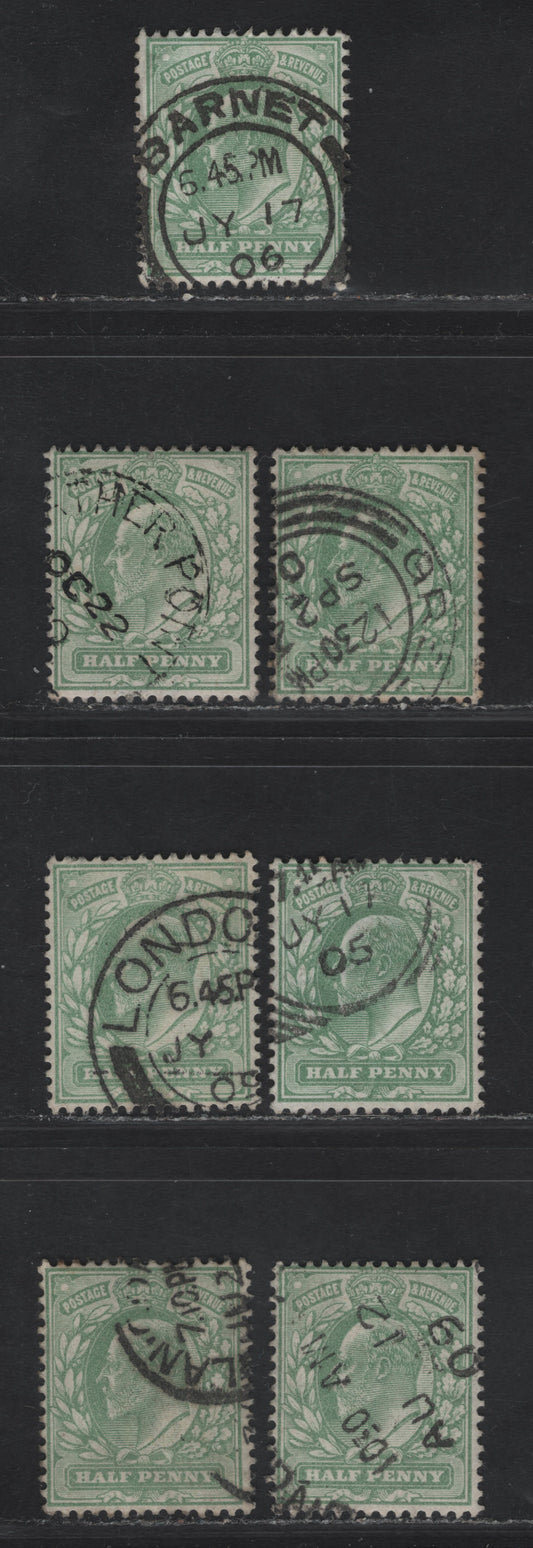 Lot 31 Great Britain SC143avar (SG#218var) 1/2d Yellowish Green King Edward VII, 1902-1910 King Edward VII Issue,  Fine/Very Fine Used Singles, Watermark Shifts.
