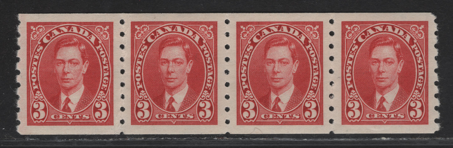 Lot 311 (C) Canada #240 3c Carmine King George VI, 1937 KGVI Coil Issue, A VFNH Coil Strip Of 4, Paper/Gum CBN-TT, Rotary Bar Peforation, Mixed Spacing Betweem Stamps (3.5mm, 3.75mm & 4mm).