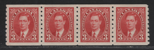 Lot 311 (C) Canada #240 3c Carmine King George VI, 1937 KGVI Coil Issue, A VFNH Coil Strip Of 4, Paper/Gum CBN-TT, Rotary Bar Peforation, Mixed Spacing Betweem Stamps (3.5mm, 3.75mm & 4mm).