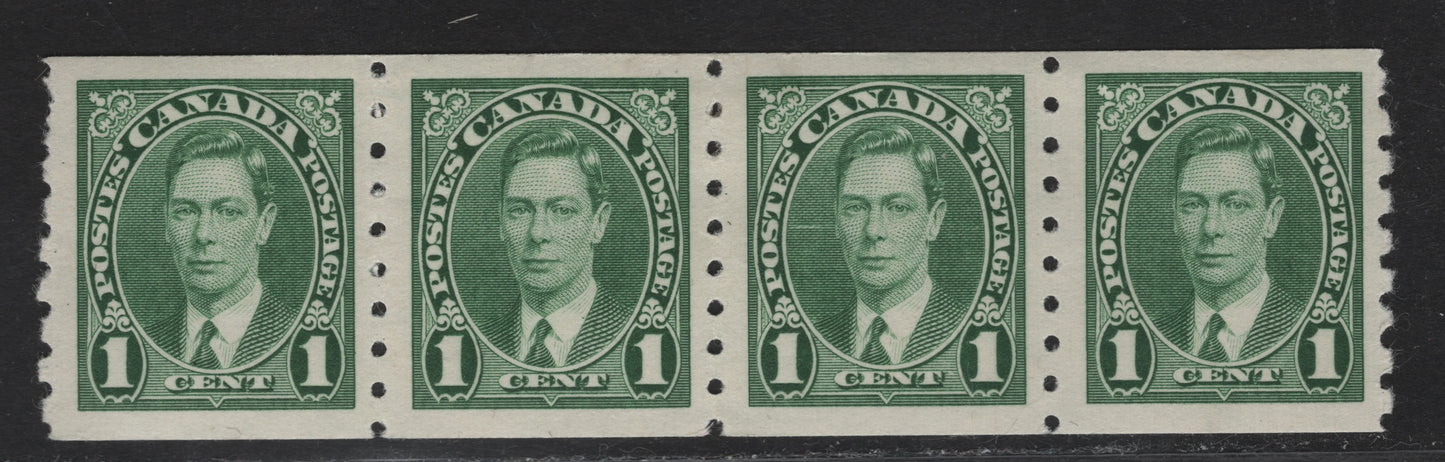 Lot 312 (C) Canada #238 1c Green King George VI, 1937 KGVI Coil Issue, A F/VFNH Coil Strip Of 4, Paper/Gum CBN-UU, Rotary Bar Peforation, Mixed Spacing Betweem Stamps (3.5mm, 3.6mm & 4mm).