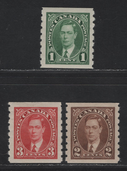 Lot 313 Canada #238-240 1c-3c Green - Carmine King George VI, 1937 KGVI Coil Issue, 3 VFOG Coil Singles, Paper/Gum CBN-UU, Rotary Bar Peforation