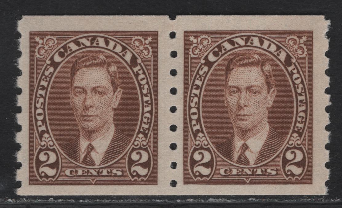 Lot 314 Canada #239 2c Brown King George VI, 1937 KGVI Coil Issue, A FNH Coil Pair, Paper/Gum CBN-VV, Rotary Bar Peforation