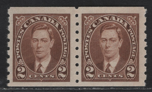 Lot 314 Canada #239 2c Brown King George VI, 1937 KGVI Coil Issue, A FNH Coil Pair, Paper/Gum CBN-VV, Rotary Bar Peforation