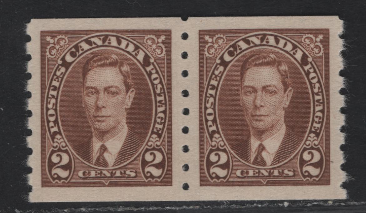 Lot 315 Canada #239 2c Brown King George VI, 1937 KGVI Coil Issue, A VFNH/LH Coil Pair, Paper/Gum CBN-VV, Rotary Bar Peforation, Left Stamp Is LH, Right Is NH.