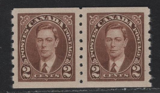 Lot 315 Canada #239 2c Brown King George VI, 1937 KGVI Coil Issue, A VFNH/LH Coil Pair, Paper/Gum CBN-VV, Rotary Bar Peforation, Left Stamp Is LH, Right Is NH.