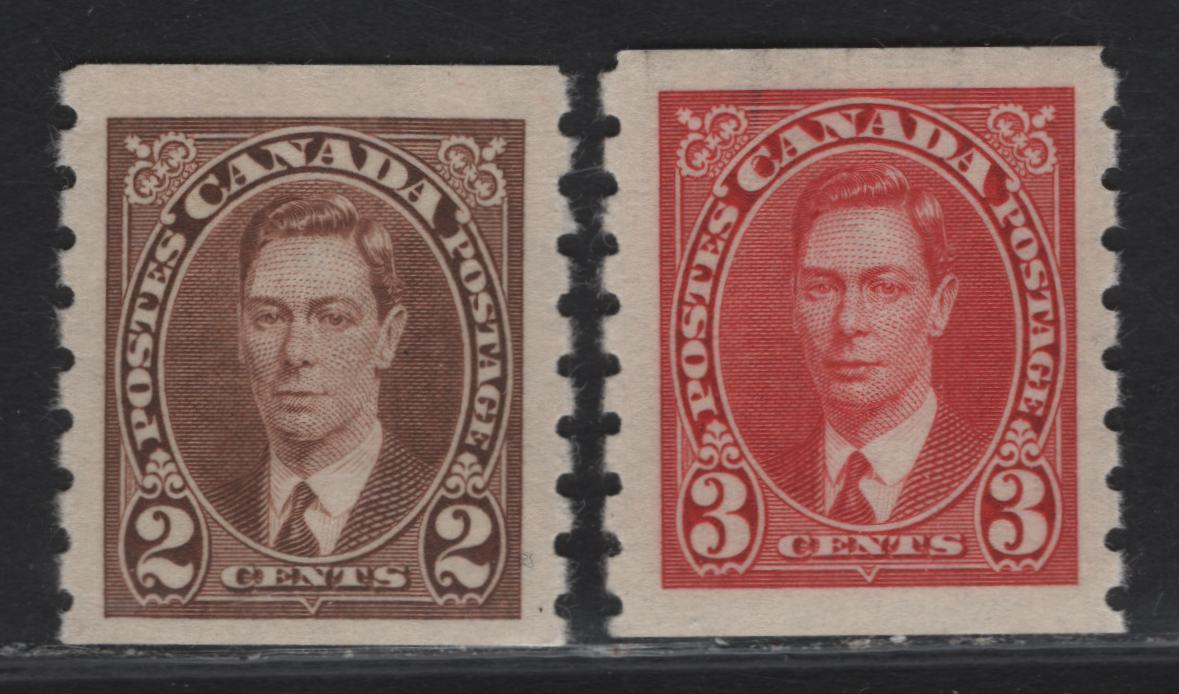 Lot 316 Canada #239-240 2c-3c Brown - Carmine King George VI, 1937 KGVI Coil Issue, 2 VFOG Coil Singles, Paper/Gum CBN-VV, Rotary Bar Peforation