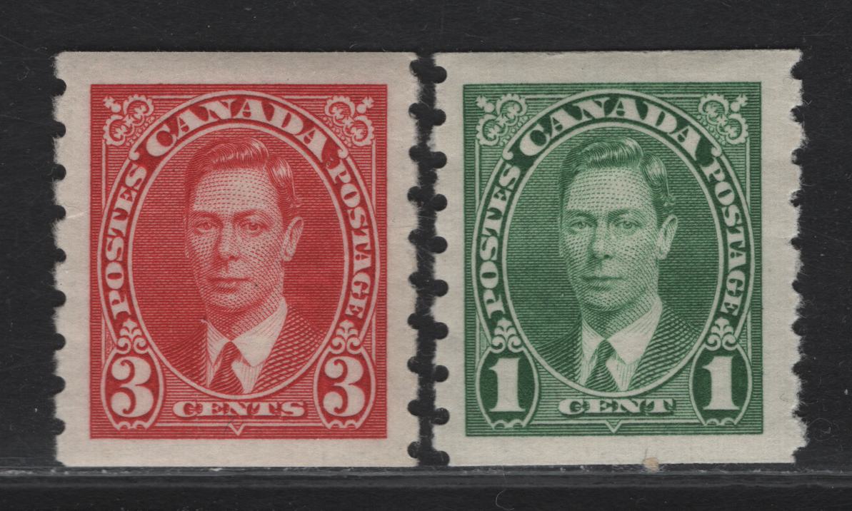 Lot 317 (C) Canada #238, 240 1c, 3c Green - bright Carmine King George VI, 1937 KGVI Coil Issue, 2 F/VFOG Coil Singles, Paper/Gum CBN-WW, Rotary Bar & Rotary Wheel Peforations