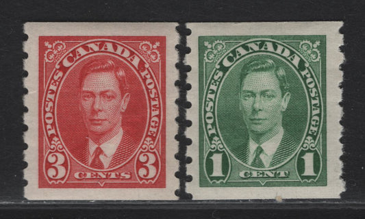 Lot 317 (C) Canada #238, 240 1c, 3c Green - bright Carmine King George VI, 1937 KGVI Coil Issue, 2 F/VFOG Coil Singles, Paper/Gum CBN-WW, Rotary Bar & Rotary Wheel Peforations