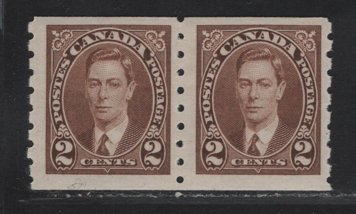 Lot 318 Canada #239 2c Brown King George VI, 1937 KGVI Coil Issue, A FOG Coil Pair, Paper/Gum CBN-WW, Rotary Bar Peforation
