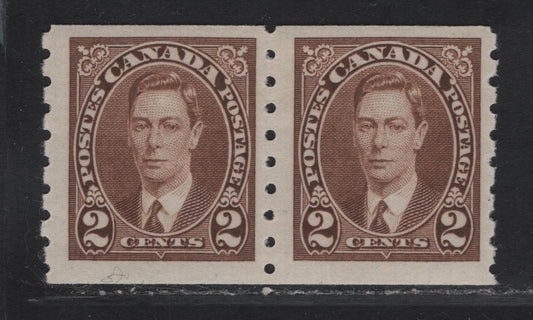 Lot 318 Canada #239 2c Brown King George VI, 1937 KGVI Coil Issue, A FOG Coil Pair, Paper/Gum CBN-WW, Rotary Bar Peforation