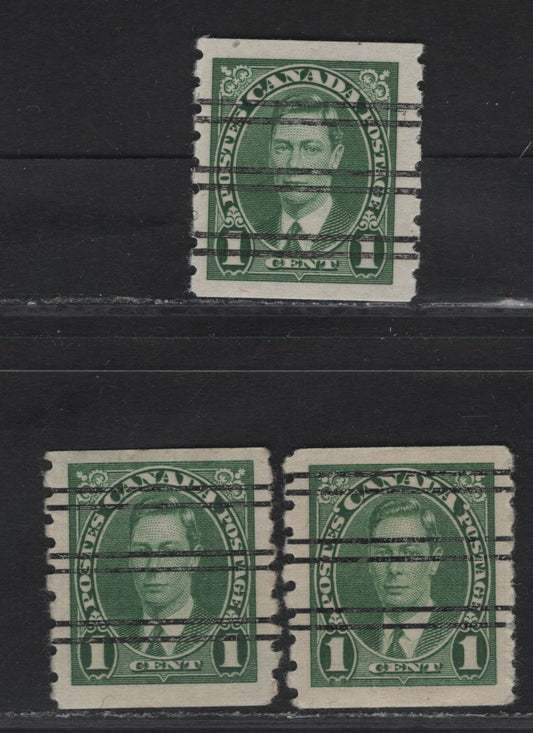 Lot 319 Canada #238xx 1c Green King George VI, 1937 KGVI Coil Issue, 3 FNH Precancelled Coil Singles, Paper/Gums CBN-H, CBN-XX & CBN-YY, Rotary Bar Perforated