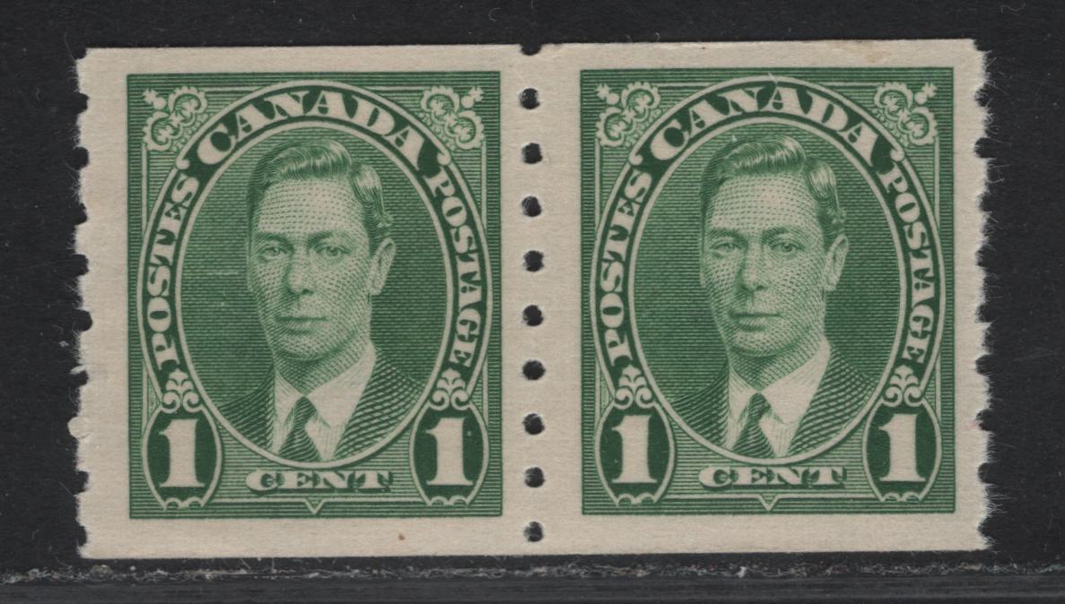 Lot 320 Canada #238 1c Green King George VI, 1937 KGVI Coil Issue, A FNH Coil Pair, Paper/Gums CBN-VV, Rotary Bar Perforated