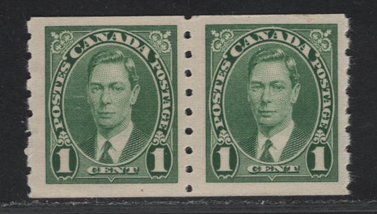 Lot 320 Canada #238 1c Green King George VI, 1937 KGVI Coil Issue, A FNH Coil Pair, Paper/Gums CBN-VV, Rotary Bar Perforated