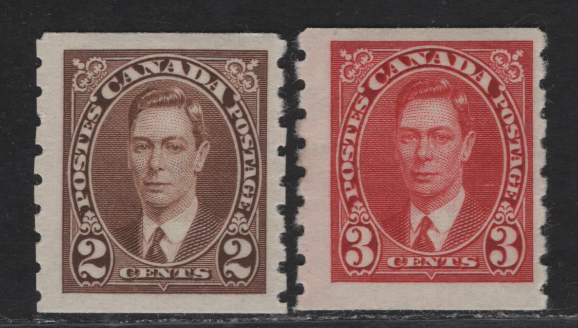 Lot 321 Canada #239-240 2c-3c Brown - Carmine King George VI, 1937 KGVI Coil Issue, 2 FNH Coil Singles, Paper/Gums CBN-YY, Rotary Bar Perforated