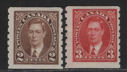 Lot 321 Canada #239-240 2c-3c Brown - Carmine King George VI, 1937 KGVI Coil Issue, 2 FNH Coil Singles, Paper/Gums CBN-YY, Rotary Bar Perforated