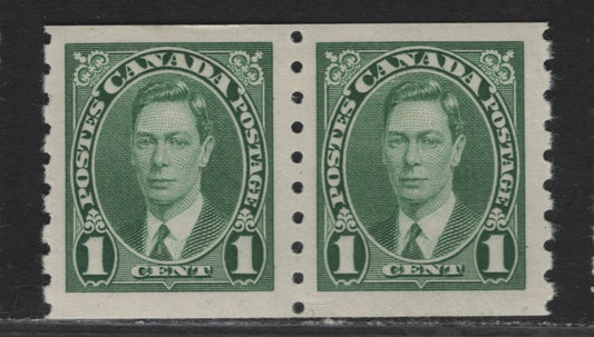 Lot 322 Canada #238 1c Green King George VI, 1937 KGVI Coil Issue, A FNH Coil Pair, Paper/Gums CBN-ZZ, Rotary Bar Perforated