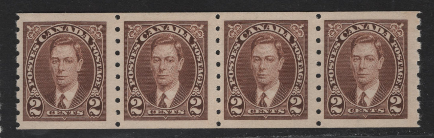 Lot 323 Canada #239 2c Brown King George VI, 1937 KGVI Coil Issue, A FNH Coil Strip Of 4, Paper/Gums CBN-ZZ, Rotary Bar Perforated, Spacing Between Stamps Varies From 3.5mm - 3.75mm.
