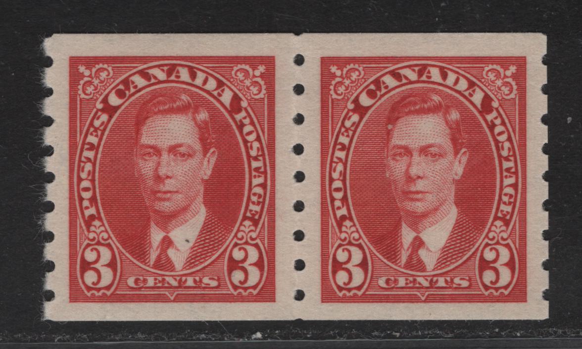 Lot 325 (C) Canada #240 3 Carmine King George VI, 1937 KGVI Coil Issue, A VFOG Coil Pair, Paper/Gums CBN-ZZ, Rotary Bar Perforated, 4mm Spacing Between Stamps.