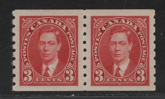 Lot 325 (C) Canada #240 3 Carmine King George VI, 1937 KGVI Coil Issue, A VFOG Coil Pair, Paper/Gums CBN-ZZ, Rotary Bar Perforated, 4mm Spacing Between Stamps.