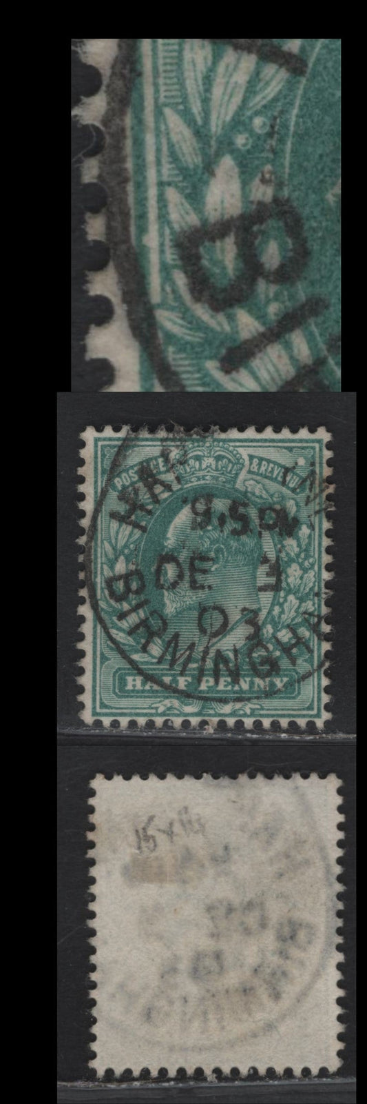 Lot 32 Great Britain SC#127avar (SG#216var) 1/2d Blue Green King Edward VII, 1902-1910 King Edward VII Issue, A Very Fine Used Single, Dented Outer Frame At left Center, Dec. 3 1903 Birmingham CDS Cancel, Unlisted.