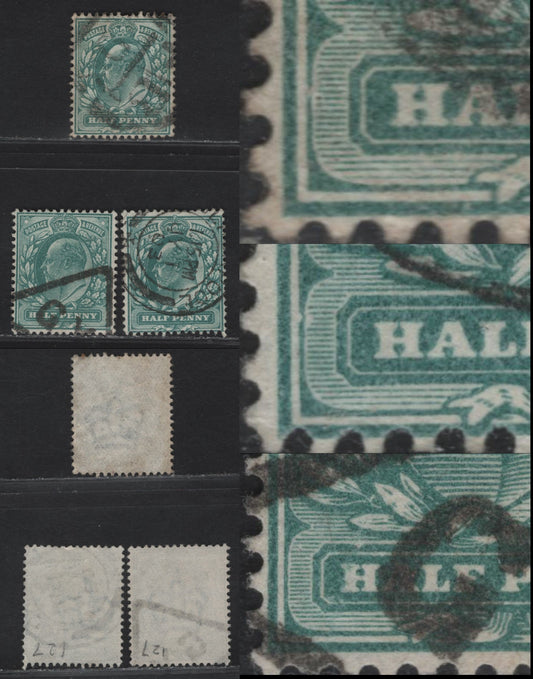Lot 33 Great Britain SC#127-127a (SG#216) 1/2d Blue Green - Dull Blue Green, 1902-1910 King Edward VII Issue, 3 Fine/Very Fine Used Singles, Showing Inner Frame & Value Tablet Dents At Lower Left, Also Includes Full Small Break In Inner Frameline