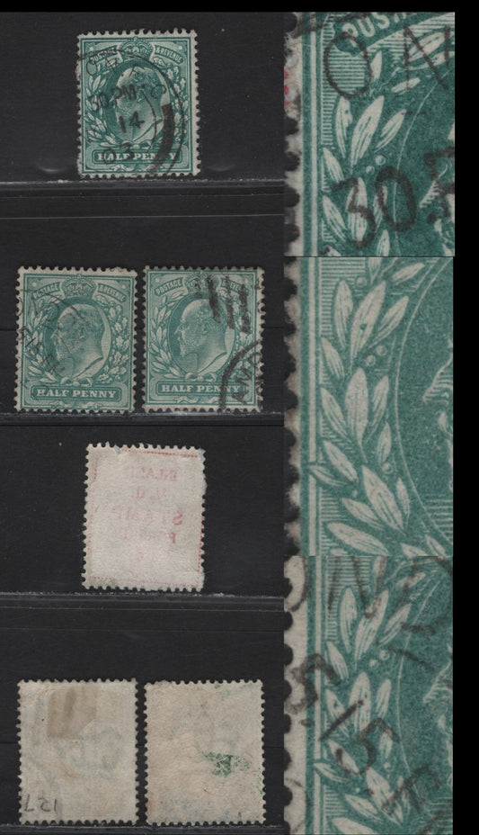 Lot 35 Great Britain SC#127 (SG#216var) 1/2d Dull Blue Green - Deep Blue Green King Edward VII, 1902-1910 King Edward VII Issue, 3 Fine Used Singles, Minor Errant Dot Varieties On Leaves.