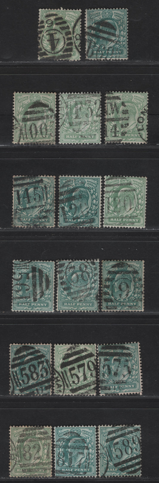 Lot 4 Great Britain SC#127a, 143a (SG#216, 218) 1/2d Blue Green - Yellowish Green King Edward VII, 1902-1910 King Edward VII Issue, 17 Fine/Very Fine Used Singles, A Selection Of Numeric & Alphanumeric Duplex Cancels, More Common On Queen Victoria Issues