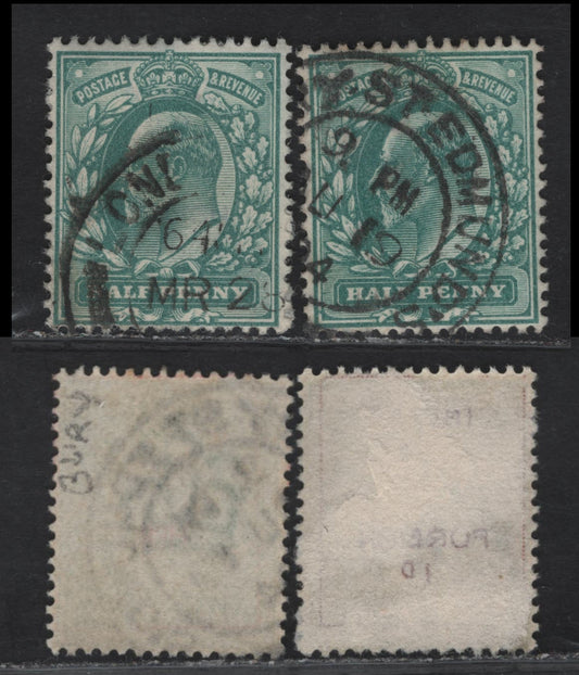 Lot 43 Great Britain SC#127a (SG#216var) 1/2d Blue Green King Edward VII, 1902-1910 King Edward VII Issue, 2 Very Fine Used Singles, Showing Merging Of Shading Lines, Dots to Right Of Ul Circle And Near Innerframe Line To Left Of H of Half, Both Unlisted.
