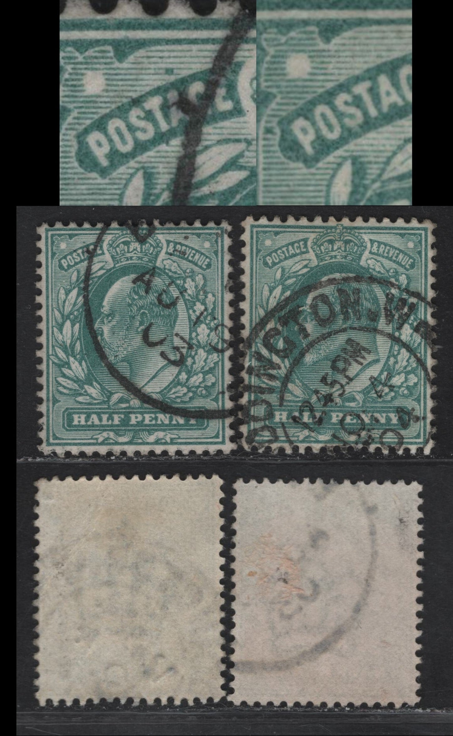 Great Britain SC#127a (SG#216var) 1/2d Blue Green King Edward VII, 1902-1910 King Edward VII Issue, 2 Very Fine Used Singles, Showing Dots Above A Of Postage Or To Left Of 'P' Of Postage.