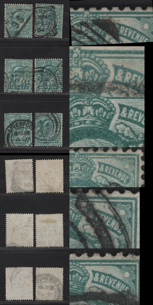 Lot 45 Great Britain SC#127a (SG#216var) 1/2d Blue Green - Dull Blue Green King Edward VII, 1902-1910 King Edward VII Issue, 6 Fine/Very Fine Used Singles, Showing Errant Dots Near 'Revenue' Panel.