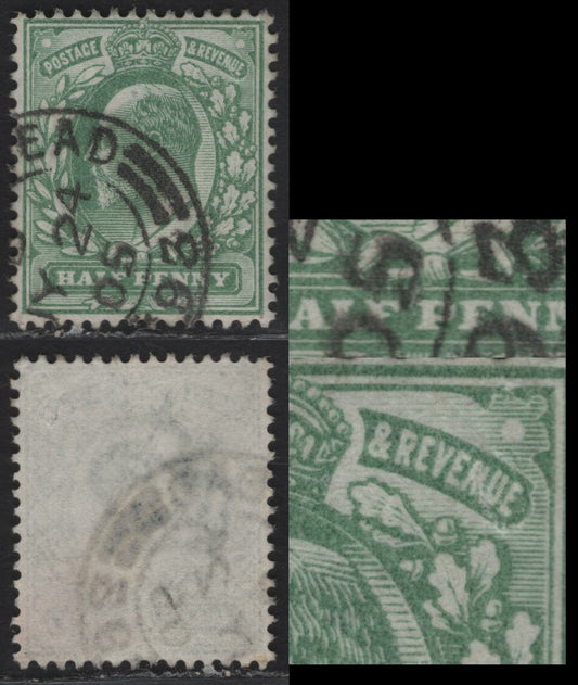 Lot 46 Great Britain SC#143avar (SG#218var) 1/2d Yellowish Green King Edward VII, 1902-1910 King Edward VII Issue, A Very Fine Used Single, Showing 'Shilling Mark' Flaw Between 'Half' & 'Penny' And Damaged 'nue' of "Revenue'.