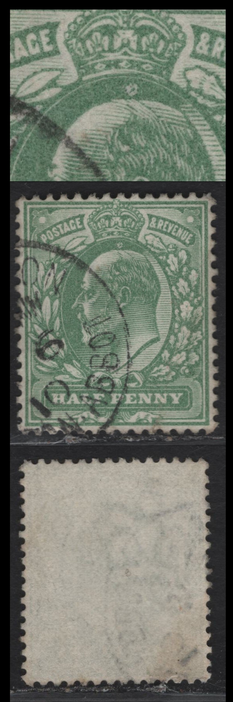 Great Britain SC#143avar (SG#218var) 1/2d Yellowish Green King Edward VII, 1902-1910 King Edward VII Issue, A Fine Used Single, Showing Large Circular Blemish Above The King's Head.