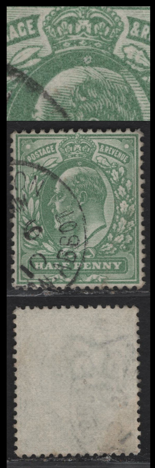 Great Britain SC#143avar (SG#218var) 1/2d Yellowish Green King Edward VII, 1902-1910 King Edward VII Issue, A Fine Used Single, Showing Large Circular Blemish Above The King's Head.