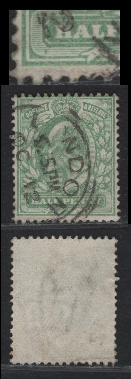 Lot 49 Great Britain SC143var (SG#217var) 1/2d Pale Yellowish Green King Edward VII, 1902-1910 King Edward VII Issue, A Fine Used Single, Showing Blemish Below Value Tablet To Lower Left.