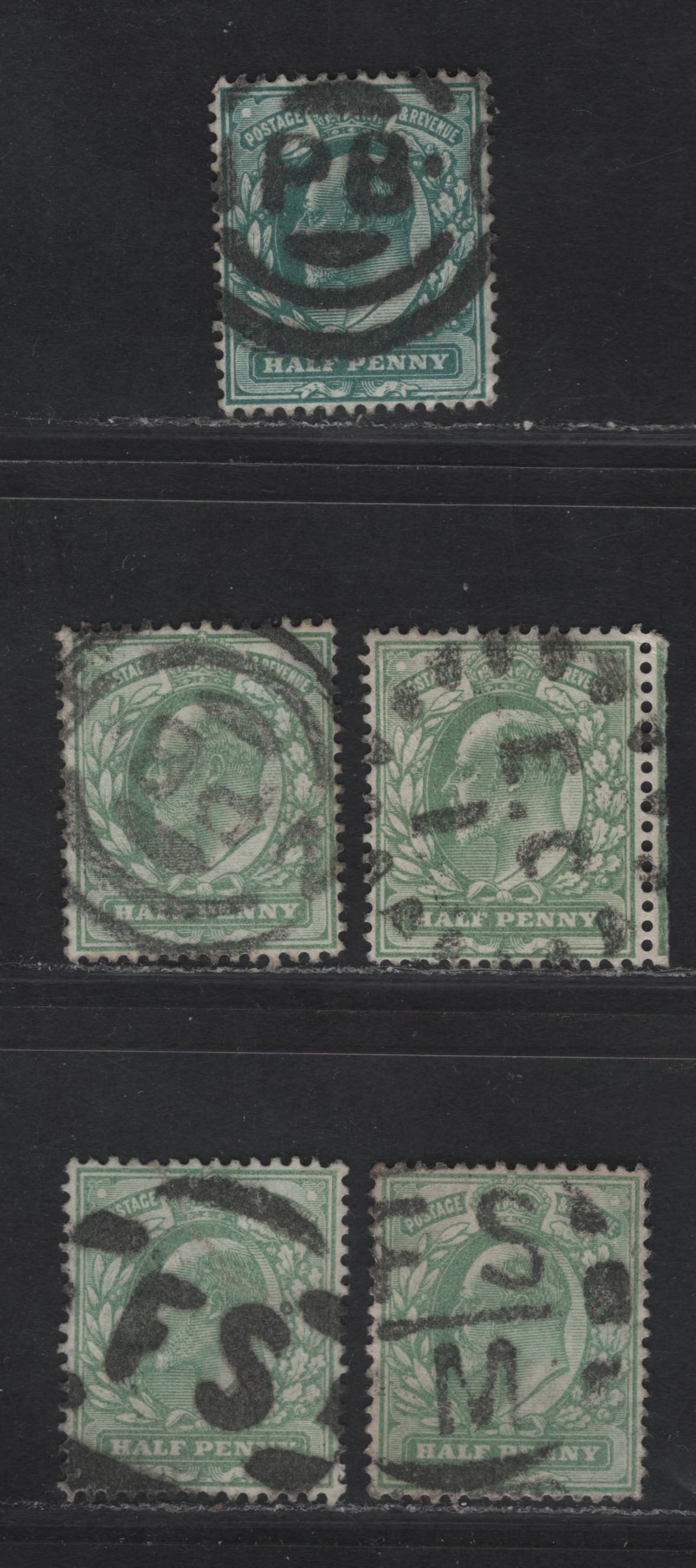 Great Britain SC#127a, 143a (SG#216 (Spec. M1(3)), 218) 1/2d Deep Blue Green - Yellowish Green King Edward VII, 1902-1910 King Edward VII Issue, 4 Fine/Very Fine Used Singles, Foreign Sorting & Periodical Branch London Cancels
