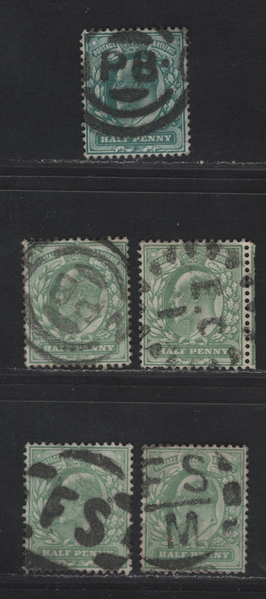 Lot 5 Great Britain SC#127a, 143a (SG#216 (Spec. M1(3)), 218) 1/2d Deep Blue Green - Yellowish Green King Edward VII, 1902-1910 King Edward VII Issue, 4 Fine/Very Fine Used Singles, Foreign Sorting & Periodical Branch London Cancels