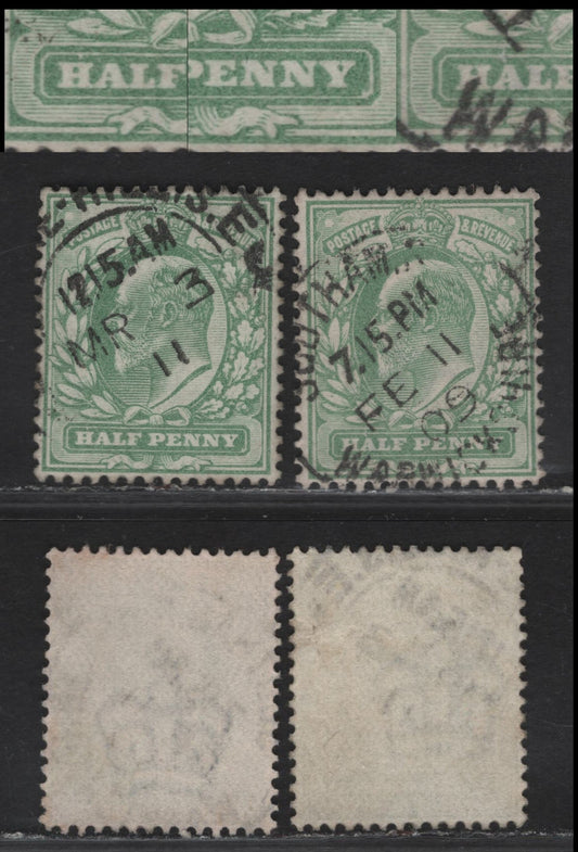 Great Britain SC#143-143avar (SG#217, 218var) 1/2d Yellowish Green - Pale Yellowish Green, 1902-1910 King Edward VII Issue, 2 Fine/Very Fine Used Singles, Showing Nicks & Breaks in Value Tablet Frame, Including Break Above 'A' of Half & Dots