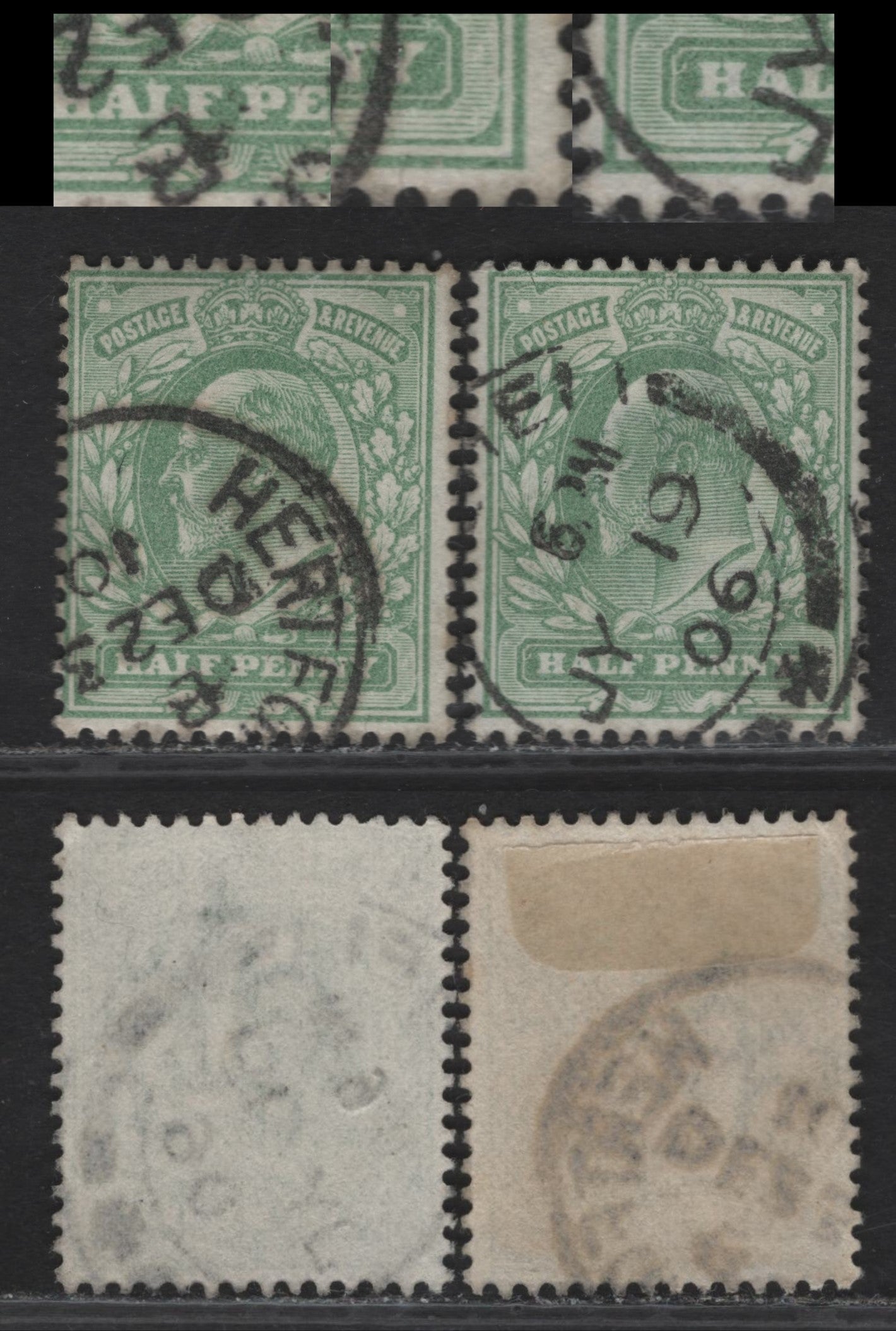 Lot 51 Great Britain SC#143var (SG#217var) 1/2d Pale Yellowish Green King Edward VII, 1902-1910 King Edward VII Issue, 2 Fine Used Singles, Showing Deformed Inner Frameline At LR, Spur On 'L' on Half & Small White Arc To left of H of Half