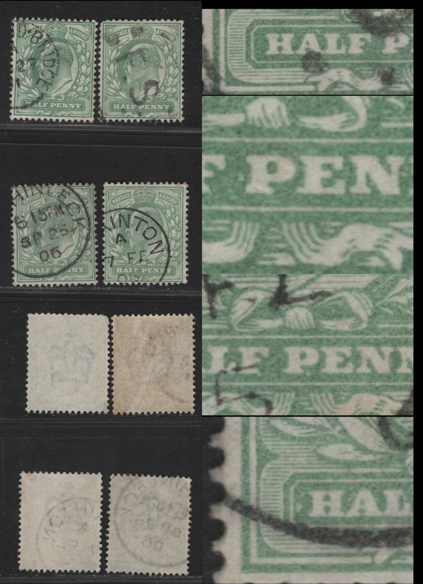 Great Britain SC#143-143avar (SG#217-218)var 1/2d Yellowish Green - Pale Yellowish Green King Edward VII, 1902-1910 King Edward VII Issue,  Fine Used Singles, All Showing White Dots & Blemishes In Solid Value Tablet Panel.