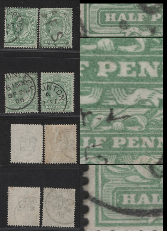 Great Britain SC#143-143avar (SG#217-218)var 1/2d Yellowish Green - Pale Yellowish Green King Edward VII, 1902-1910 King Edward VII Issue,  Fine Used Singles, All Showing White Dots & Blemishes In Solid Value Tablet Panel.