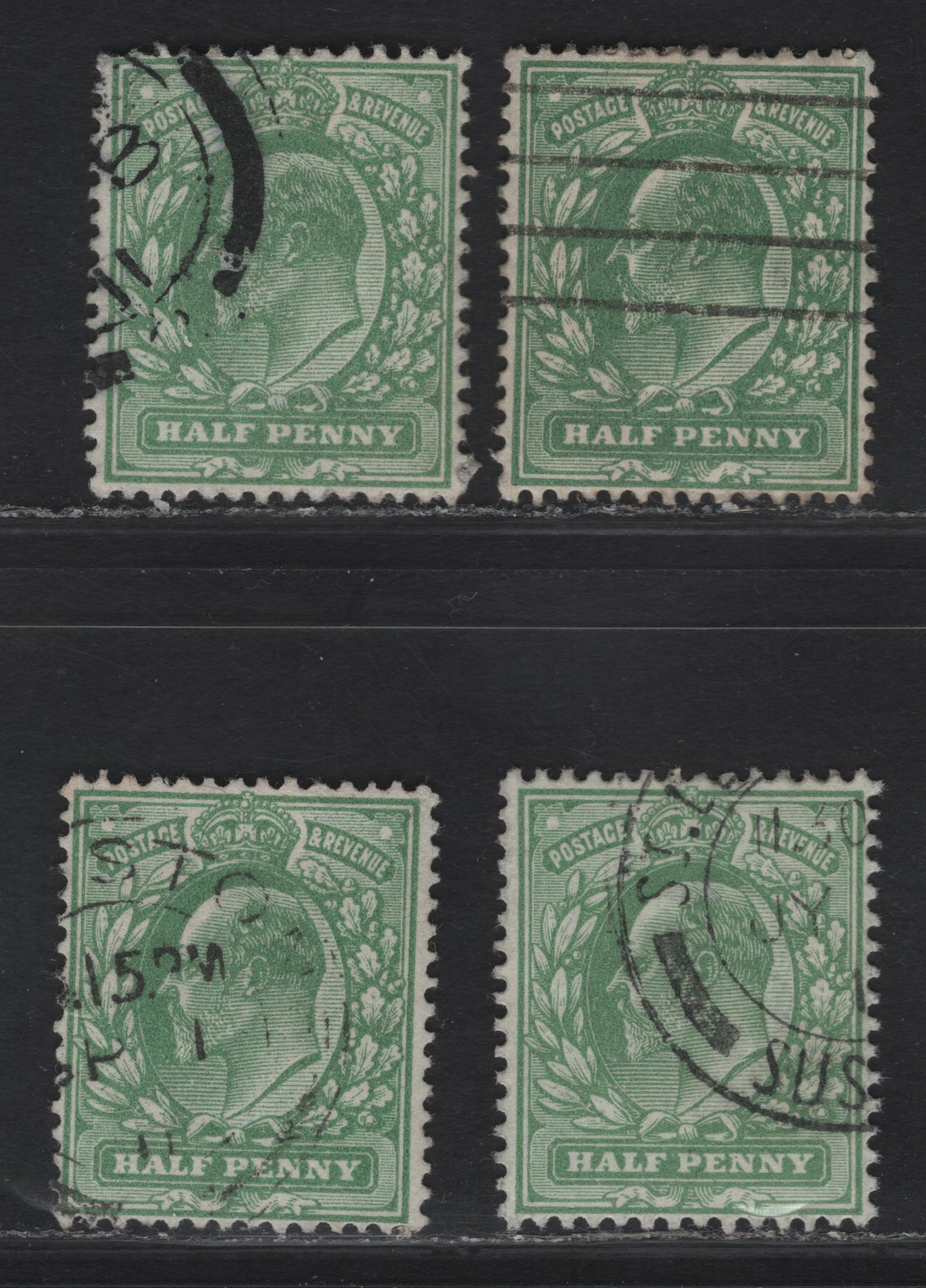 Lot 54 Great Britain SC#127b (SG#267-269) 1/2d Dull Yellow Green -Deep Dull Yellow Green King Edward VII, 1902-1910 King Edward VII Issue, 4 Very Fine Used Singles, Harrison Provisional Printings, Perf 14