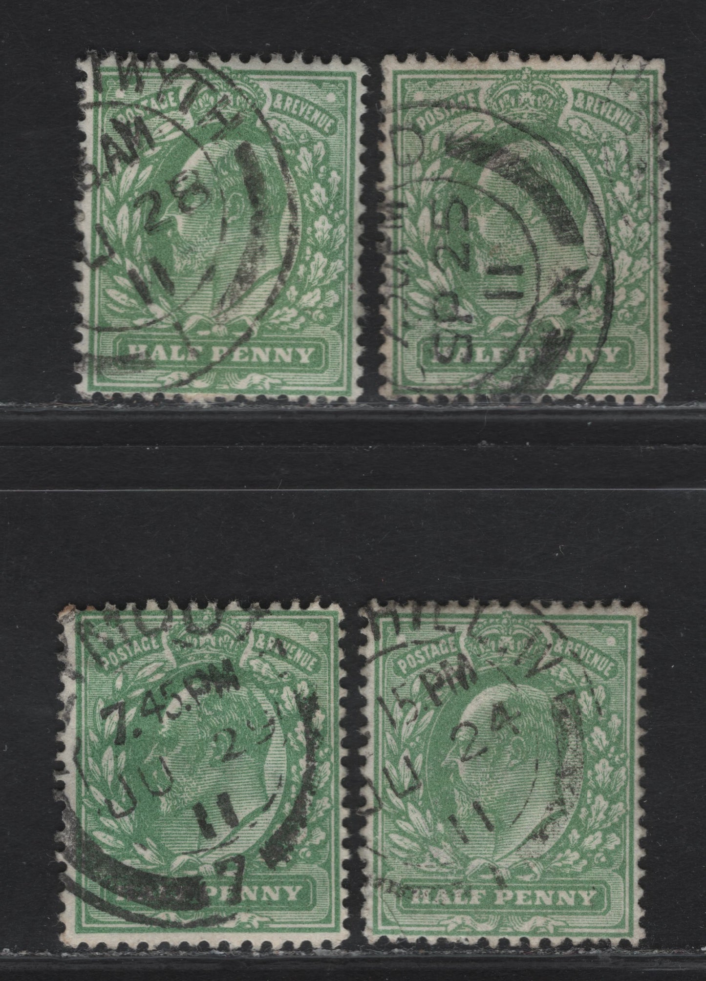 Lot 55 Great Britain SC#127b (SG#267-269) 1/2d Dull Yellow Green -Deep Dull Yellow Green King Edward VII, 1902-1910 King Edward VII Issue, 4 Fine Used Singles, Harrison Provisional Printings, Perf 14