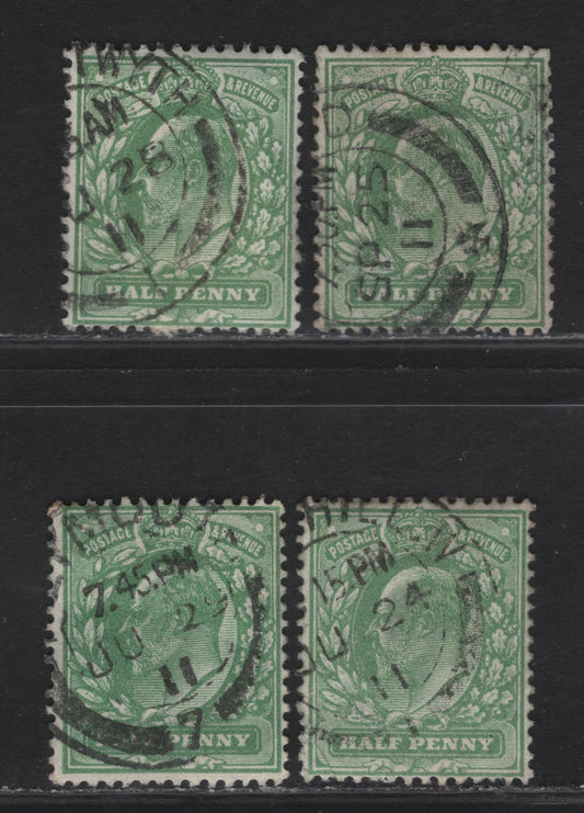 Lot 55 Great Britain SC#127b (SG#267-269) 1/2d Dull Yellow Green -Deep Dull Yellow Green King Edward VII, 1902-1910 King Edward VII Issue, 4 Fine Used Singles, Harrison Provisional Printings, Perf 14